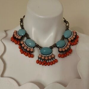 J. CREW Turquoise Orange Rhinestone Beaded Bold Bib Brass Statement Necklace